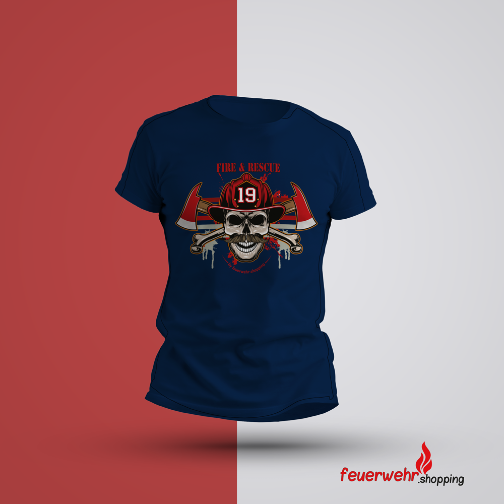 T-Shirt Fire & Rescue mit Totenkopf by feuerwehr.shopping - Farbe navy Amerikanische Größe: XXL