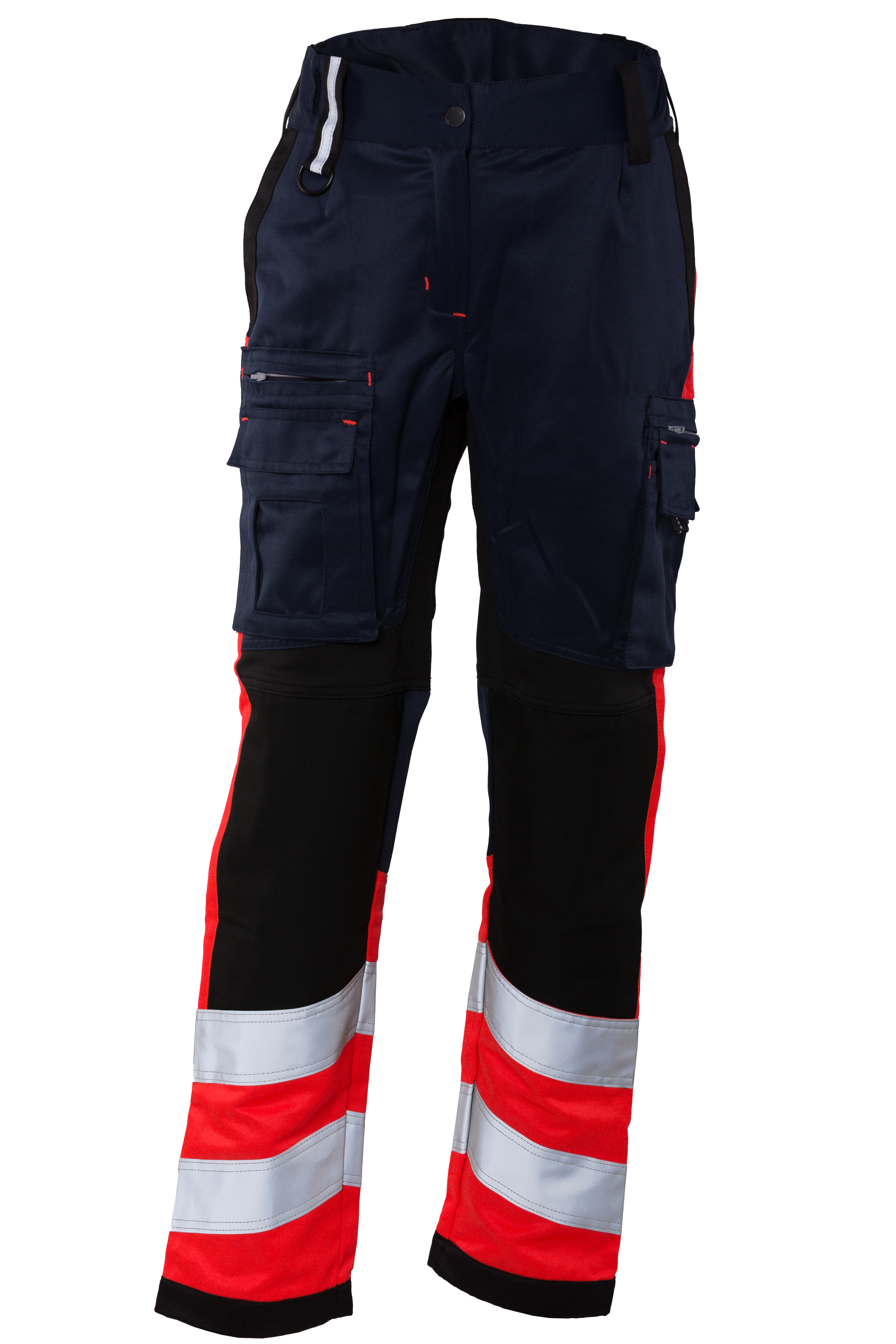 Rescuewear Damen Hose Stretch HiVis Klasse 1 Marineblau / Schwarz / Neon Rot  - 34